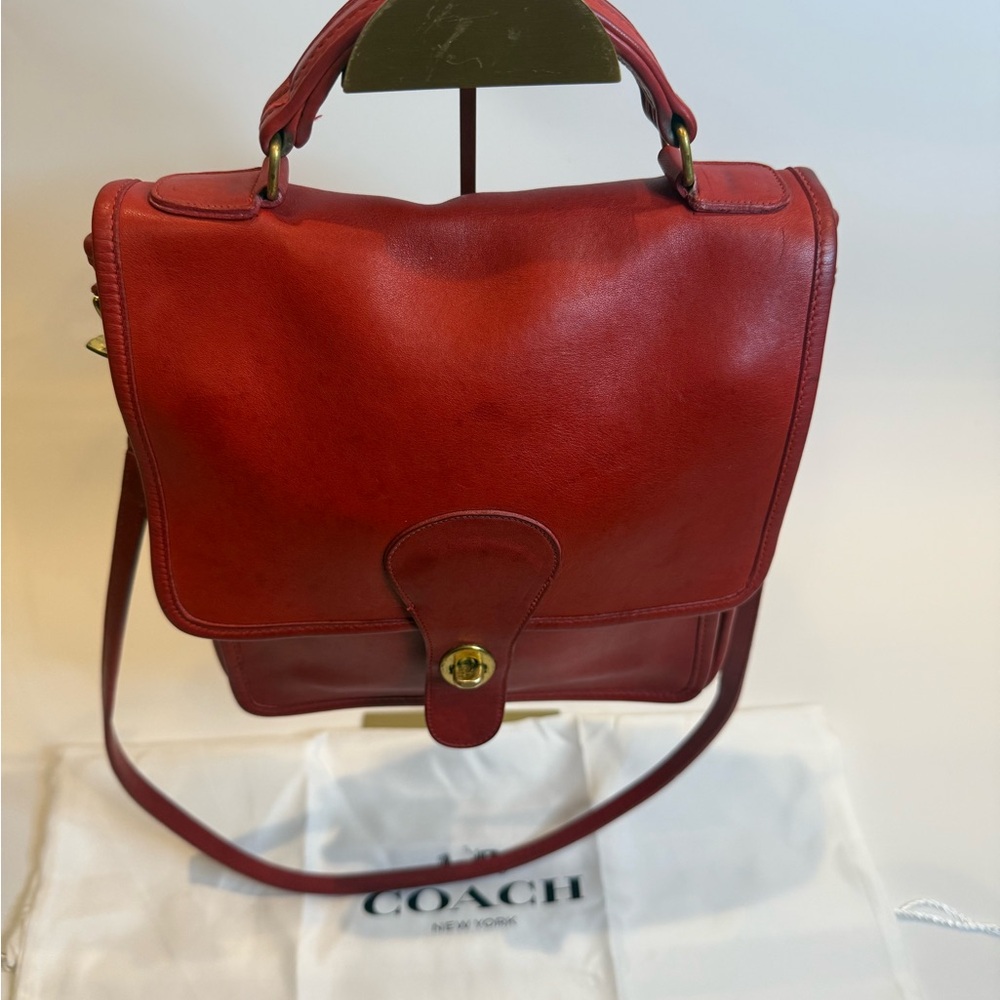 Authentic Coach Station Bag Red Leather Women's Bag with Brass Hardware
